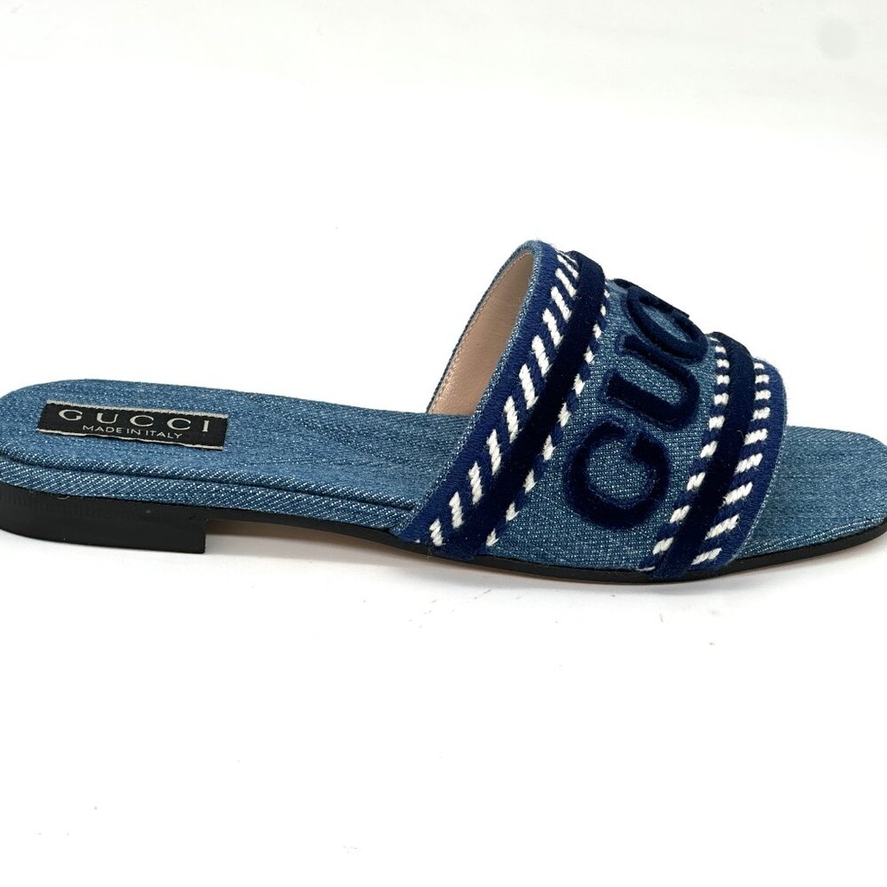 Gucci Jane Denim Logo Embroidered Flat Slide Sandals Shoes Blue - Picture 12 of 16